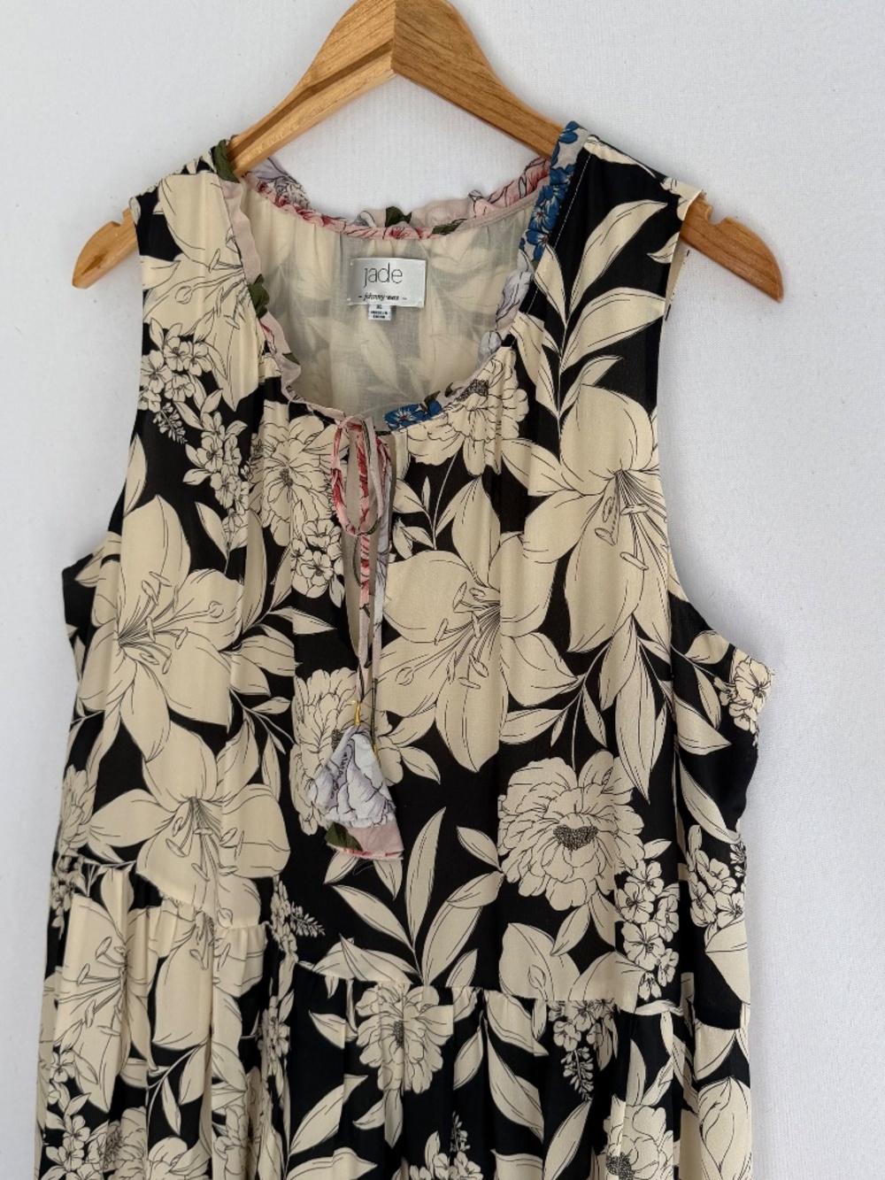 JOHNNY WAS Jade Women’s XL Juliette Silk Tiered Midi Dress Black Cream Floral - Picture 2 of 9